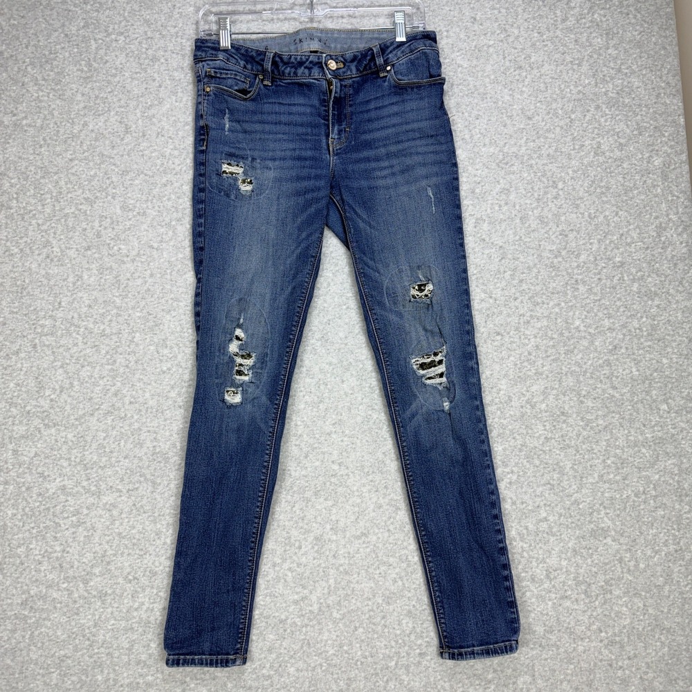 White House Black Market Skinny Jeans Women 6 Blue Distressed Sequin Glam Edgy